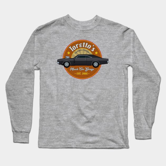 Toretto's Muscle Car Garage Long Sleeve T-Shirt by SunsetSurf